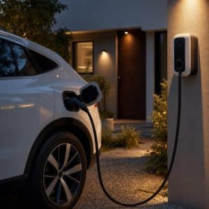 Voiture électrique branchée à domicile avec écran de pilotage de recharge en arrière-plan