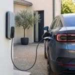 Voiture électrique en recharge devant une maison avec borne intelligente