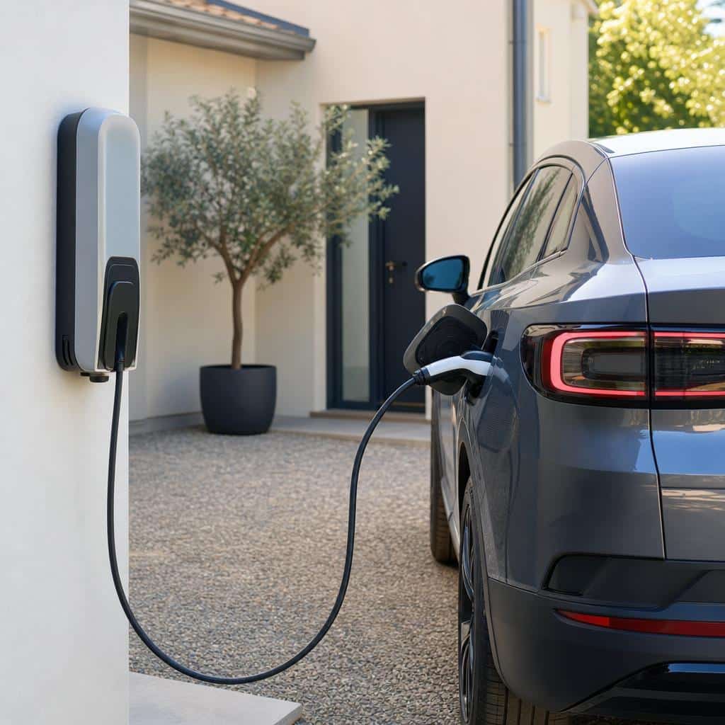 Voiture électrique en recharge devant une maison avec borne intelligente