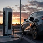 Voiture électrique en charge rapide sur une station moderne avec un seul câble visible