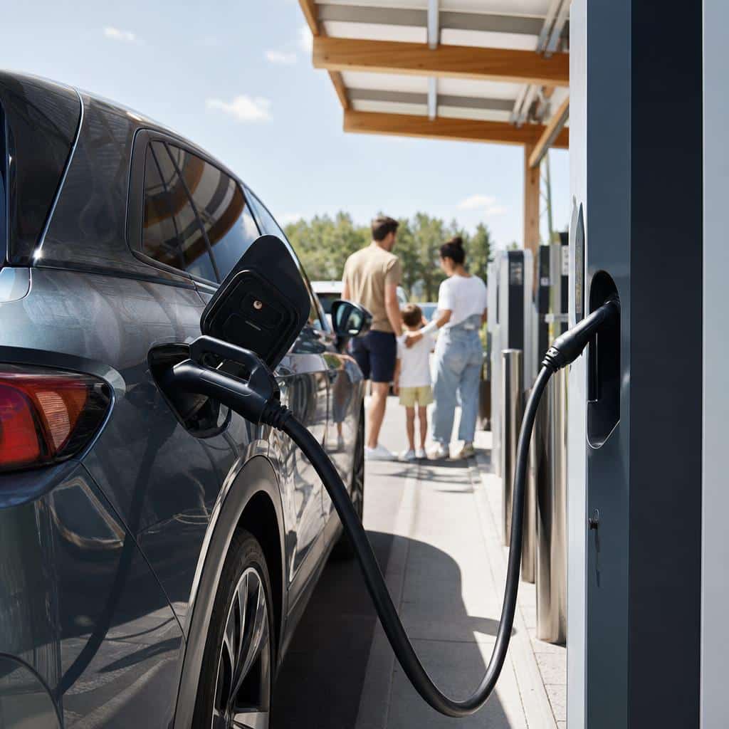 Voiture électrique branchée sur une borne rapide d'autoroute pendant un départ en vacances