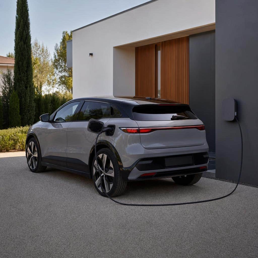 Compacte électrique moderne stationnée devant une maison contemporaine avec borne de recharge
