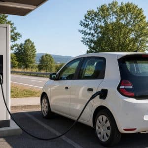 Petite voiture électrique en pause recharge pendant un trajet longue distance
