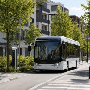 Bus urbain moderne électrifié circulant dans une rue de ville apaisée