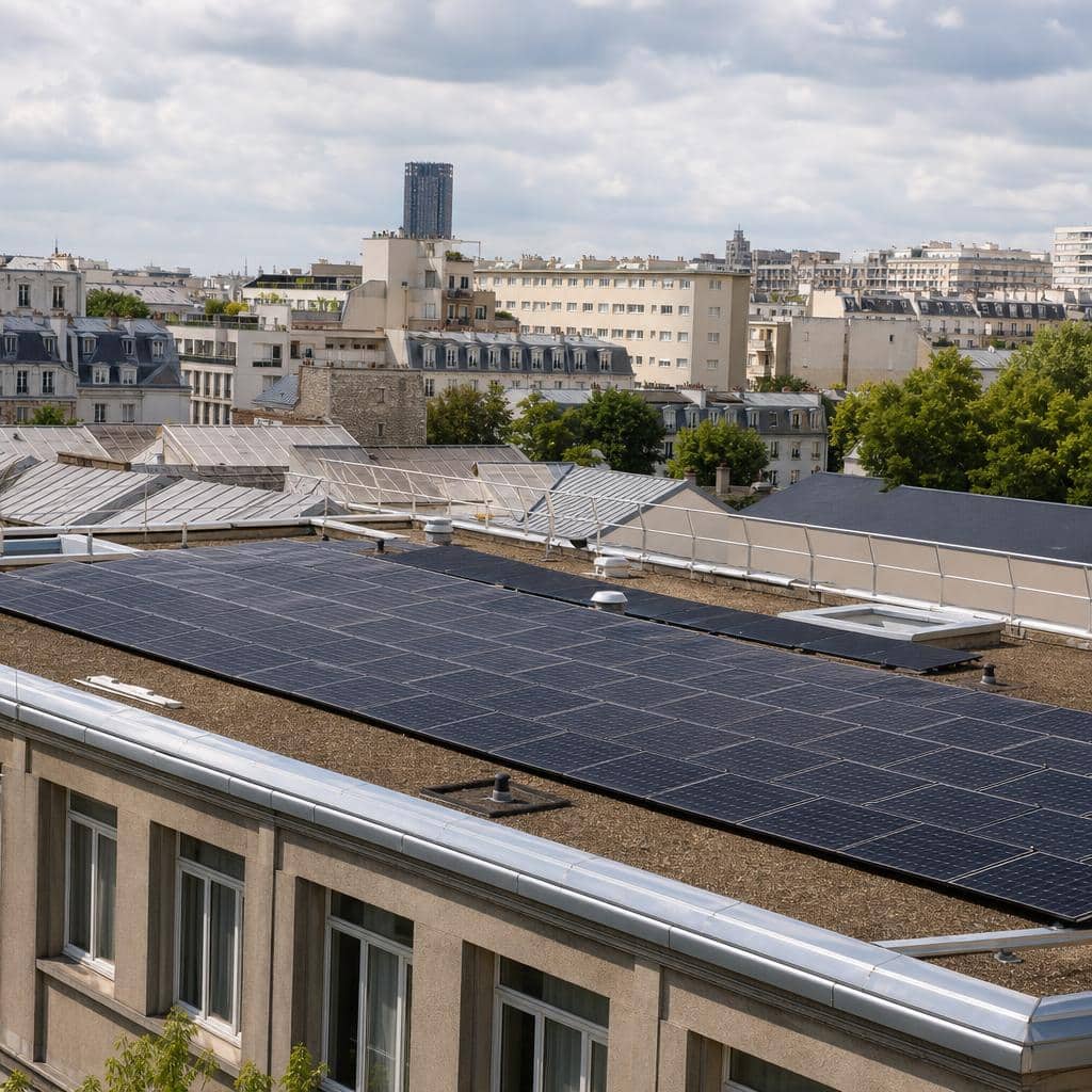 Toiture urbaine équipée de panneaux solaires sur un bâtiment parisien