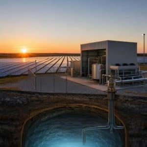 Champ solaire au coucher du soleil avec infrastructure industrielle de stockage en arrière-plan