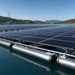 Centrale solaire flottante moderne sur un plan d’eau calme