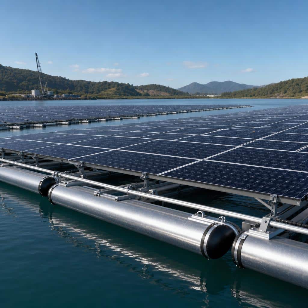 Centrale solaire flottante moderne sur un plan d’eau calme