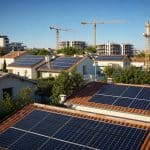 Toitures solaires françaises vues au premier plan avec chantier énergétique en arrière-plan
