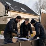 Équipe d’installateurs solaires préparant un chantier résidentiel en France