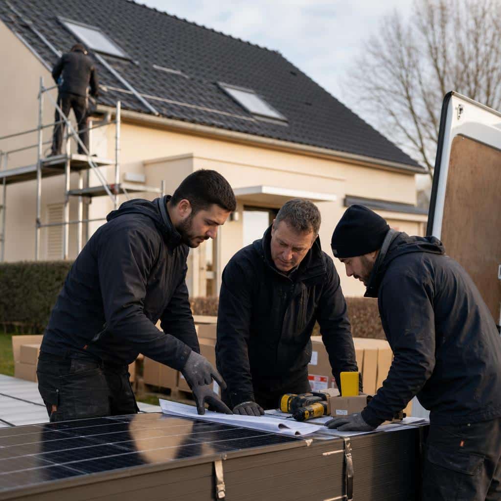 Équipe d’installateurs solaires préparant un chantier résidentiel en France