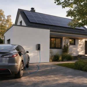 Maison équipée de panneaux solaires avec voiture électrique en recharge