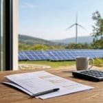 Facture d'électricité posée devant des panneaux solaires et une éolienne au loin