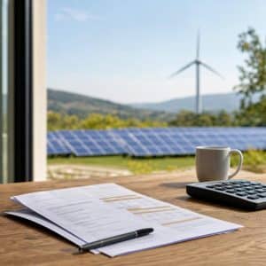 Facture d'électricité posée devant des panneaux solaires et une éolienne au loin