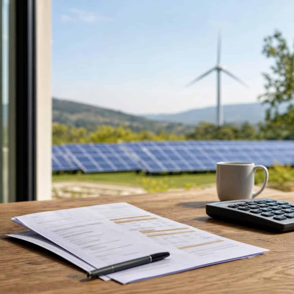 Facture d'électricité posée devant des panneaux solaires et une éolienne au loin