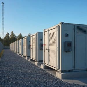 Conteneurs de batteries de grande capacité sur un site énergétique en France