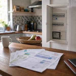 Compteur électrique domestique et facture d'énergie posée sur une table de cuisine