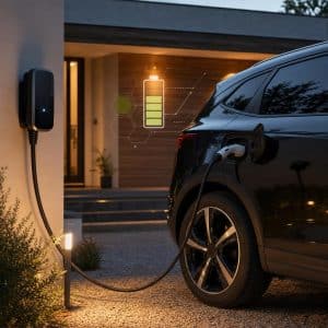 Voiture électrique branchée à domicile avec interface de batterie visible en arrière-plan