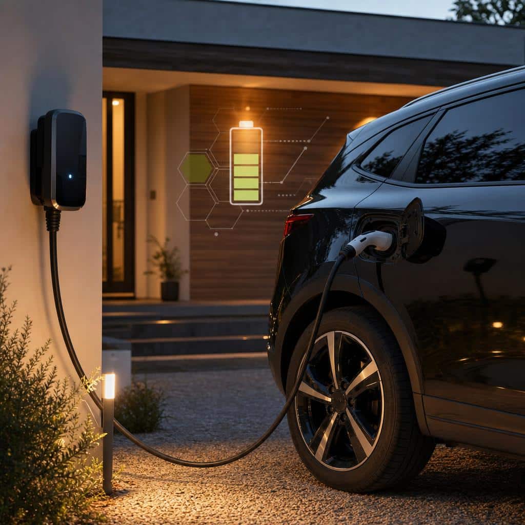 Voiture électrique branchée à domicile avec interface de batterie visible en arrière-plan