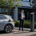 Conducteur devant une voiture électrique compacte avec décor de bureau et notion de salaire