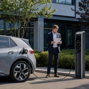 Conducteur devant une voiture électrique compacte avec décor de bureau et notion de salaire