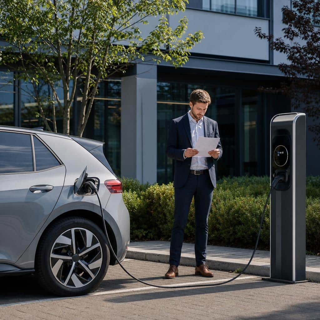 Conducteur devant une voiture électrique compacte avec décor de bureau et notion de salaire