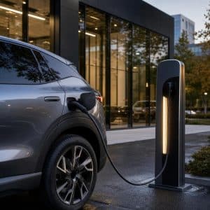 Voiture électrique moderne devant concession avec batterie stylisée en arrière-plan