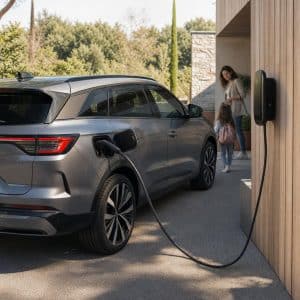 SUV électrique moderne branché sur borne avec silhouette familiale en arrière-plan
