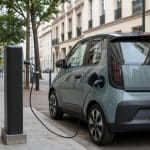Petite voiture electrique moderne stationnee dans une rue urbaine europeenne
