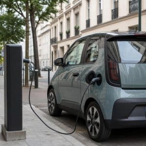 Petite voiture electrique moderne stationnee dans une rue urbaine europeenne