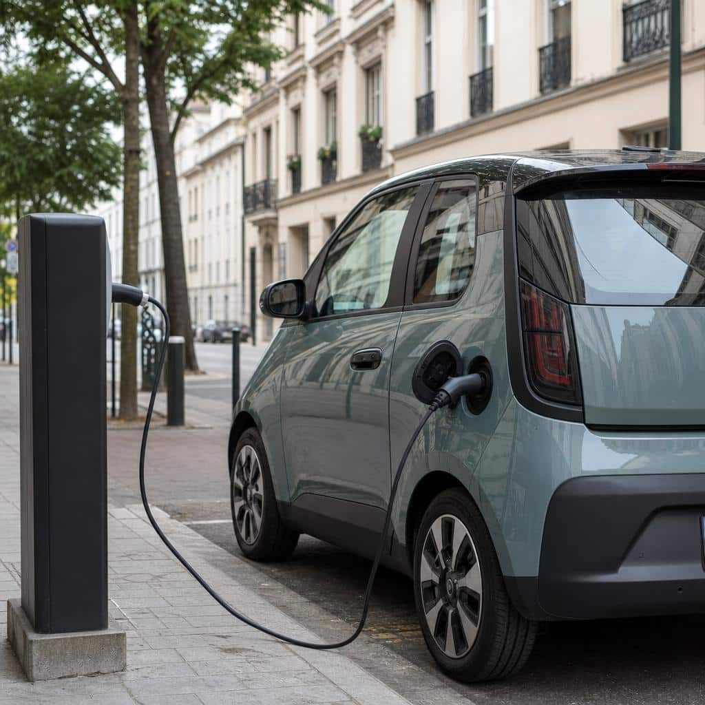Petite voiture electrique moderne stationnee dans une rue urbaine europeenne