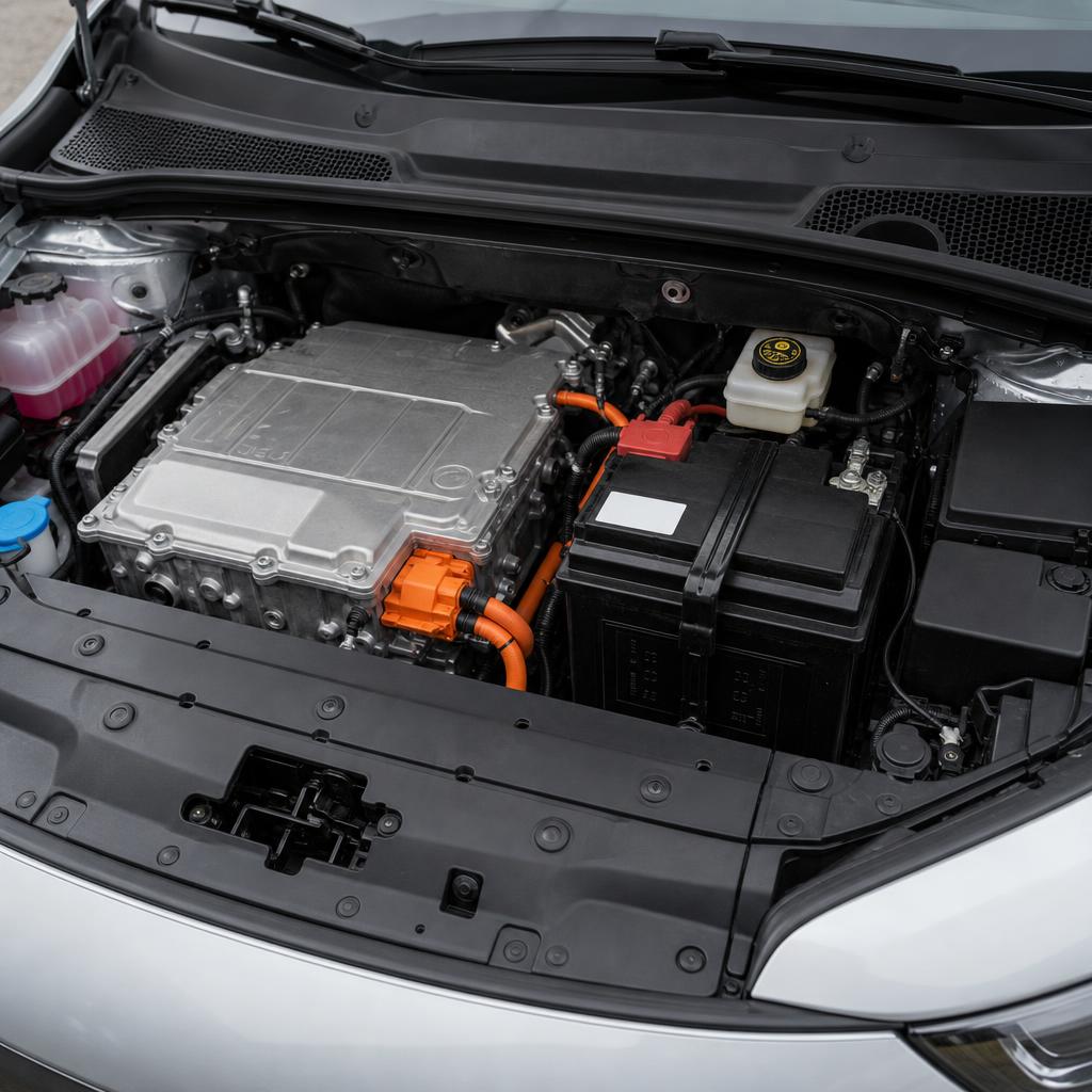 Compartiment avant d'une voiture électrique avec batterie 12 V visible