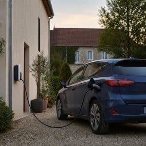 Voiture électrique d'occasion garée devant une maison avec borne de recharge