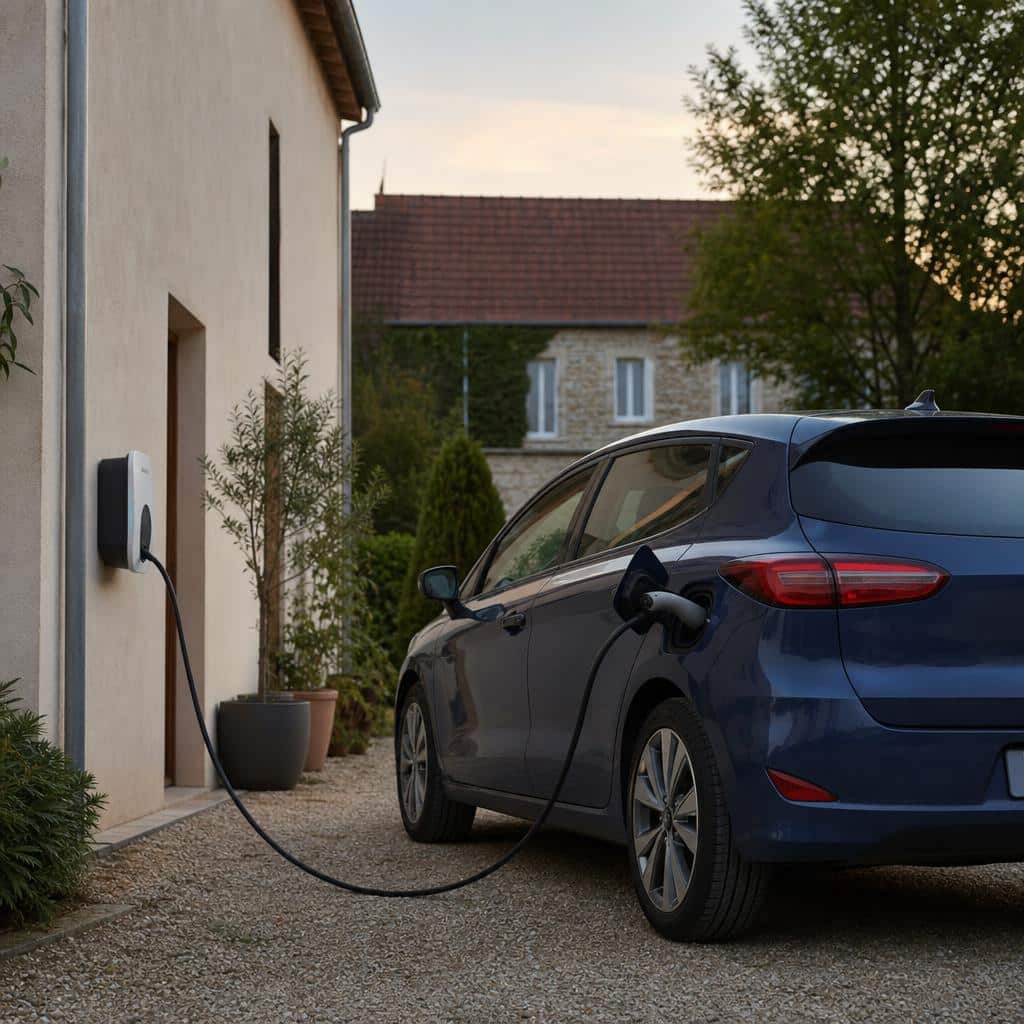 Voiture électrique d'occasion garée devant une maison avec borne de recharge