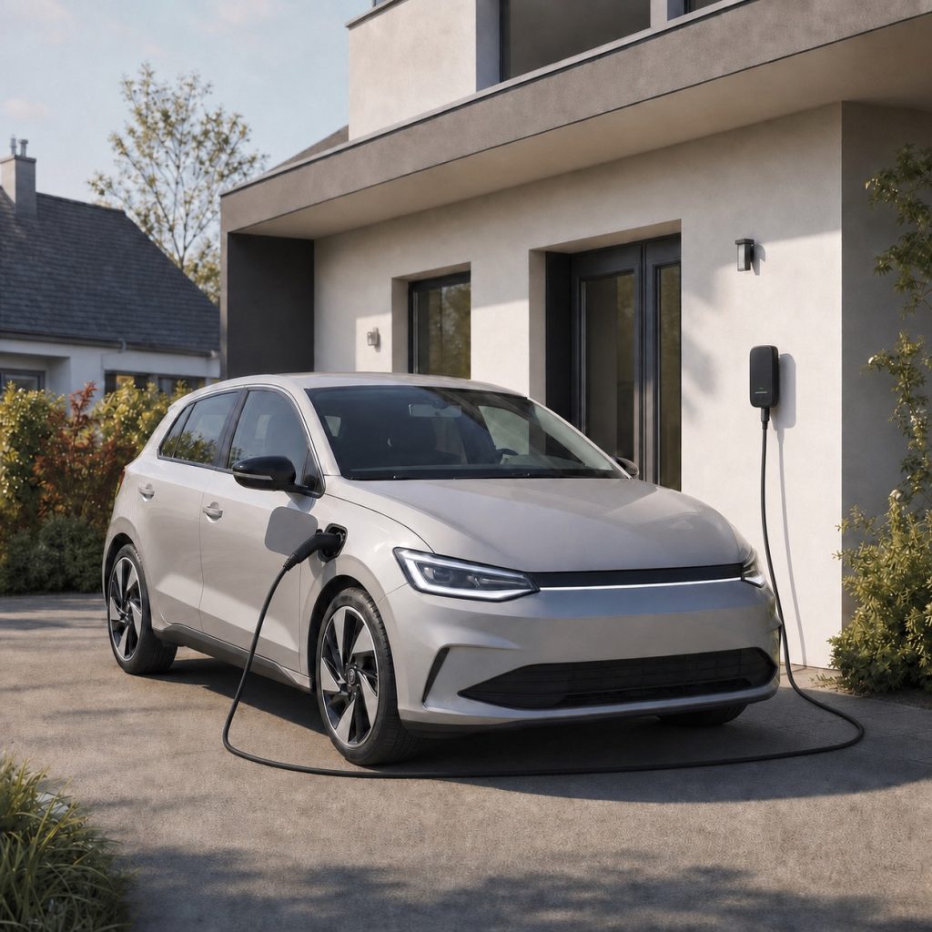 Citadine électrique compacte garée devant une maison avec borne de recharge