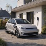 Citadine électrique compacte garée devant une maison avec borne de recharge