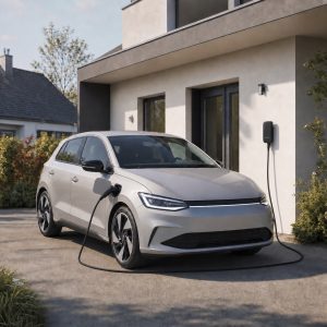 Citadine électrique compacte garée devant une maison avec borne de recharge