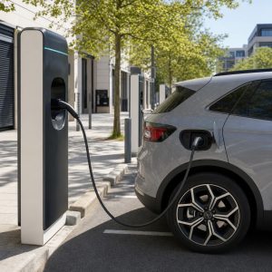 Station de recharge publique sécurisée avec plusieurs bornes intactes en ville