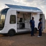 Unité mobile de santé stationnée dans une zone rurale arborée