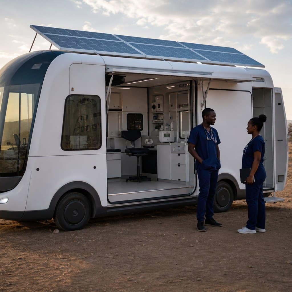 Unité mobile de santé stationnée dans une zone rurale arborée