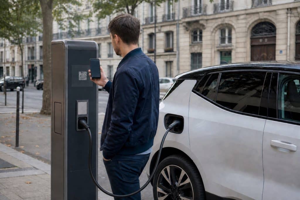 Main d'automobiliste devant une borne de recharge publique avec smartphone et QR code visible