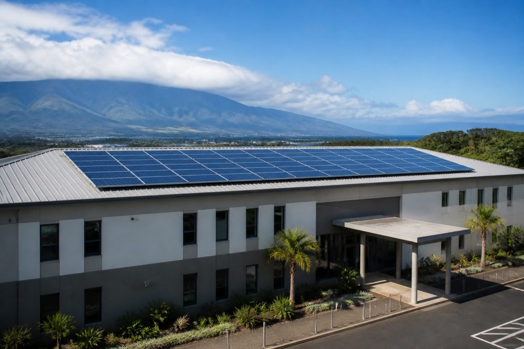 Toiture équipée de panneaux solaires sur un bâtiment en climat tropical lumineux