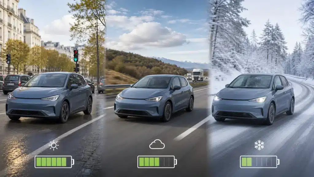 Trois types de situations météo pour une voiture électrique