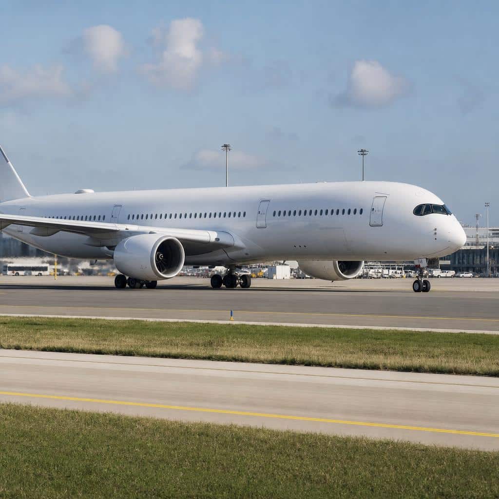 Grand avion de ligne vu au roulage sur une piste dans une lumière claire