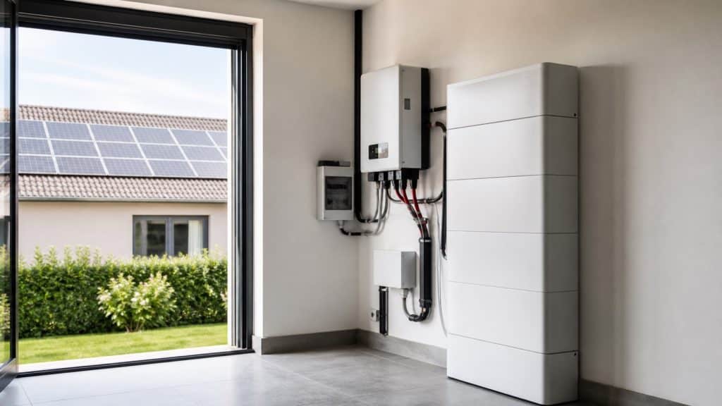 Batterie domestique moderne installée dans le local technique d'une maison avec panneaux solaires en toiture