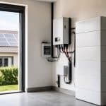 Batterie domestique moderne installée dans le local technique d'une maison avec panneaux solaires en toiture