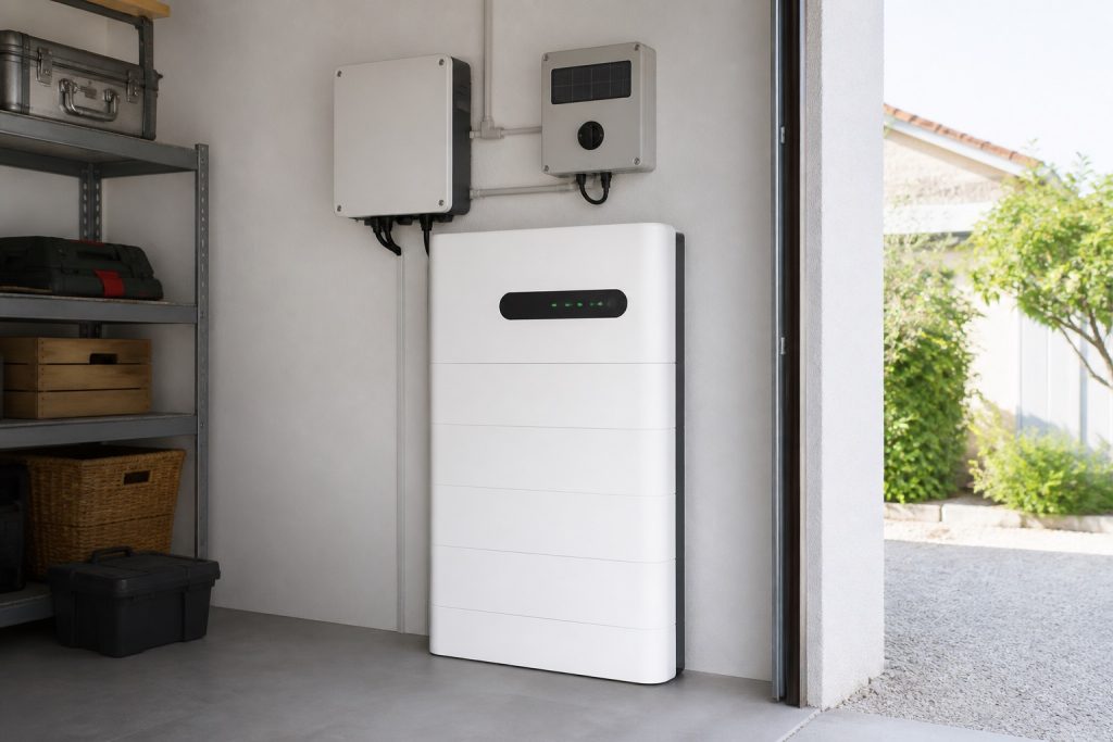 Batterie domestique murale dans une maison moderne avec écran de pilotage énergétique