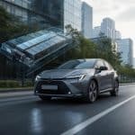 Une voiture hybride Toyota sur route avec un visuel de batterie moderne en arriere-plan