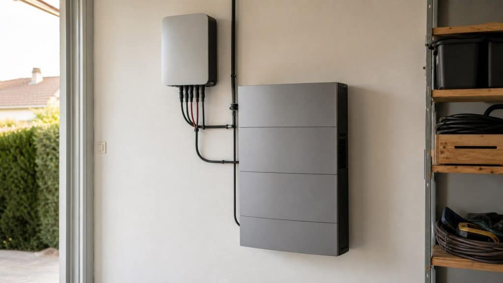 Batterie domestique moderne installée dans un garage résidentiel à côté d’un onduleur solaire
