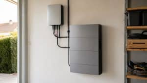 Batterie domestique moderne installée dans un garage résidentiel à côté d’un onduleur solaire